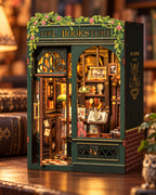 Owl Bookstore miniature book nook close-up in a cosy reading setting