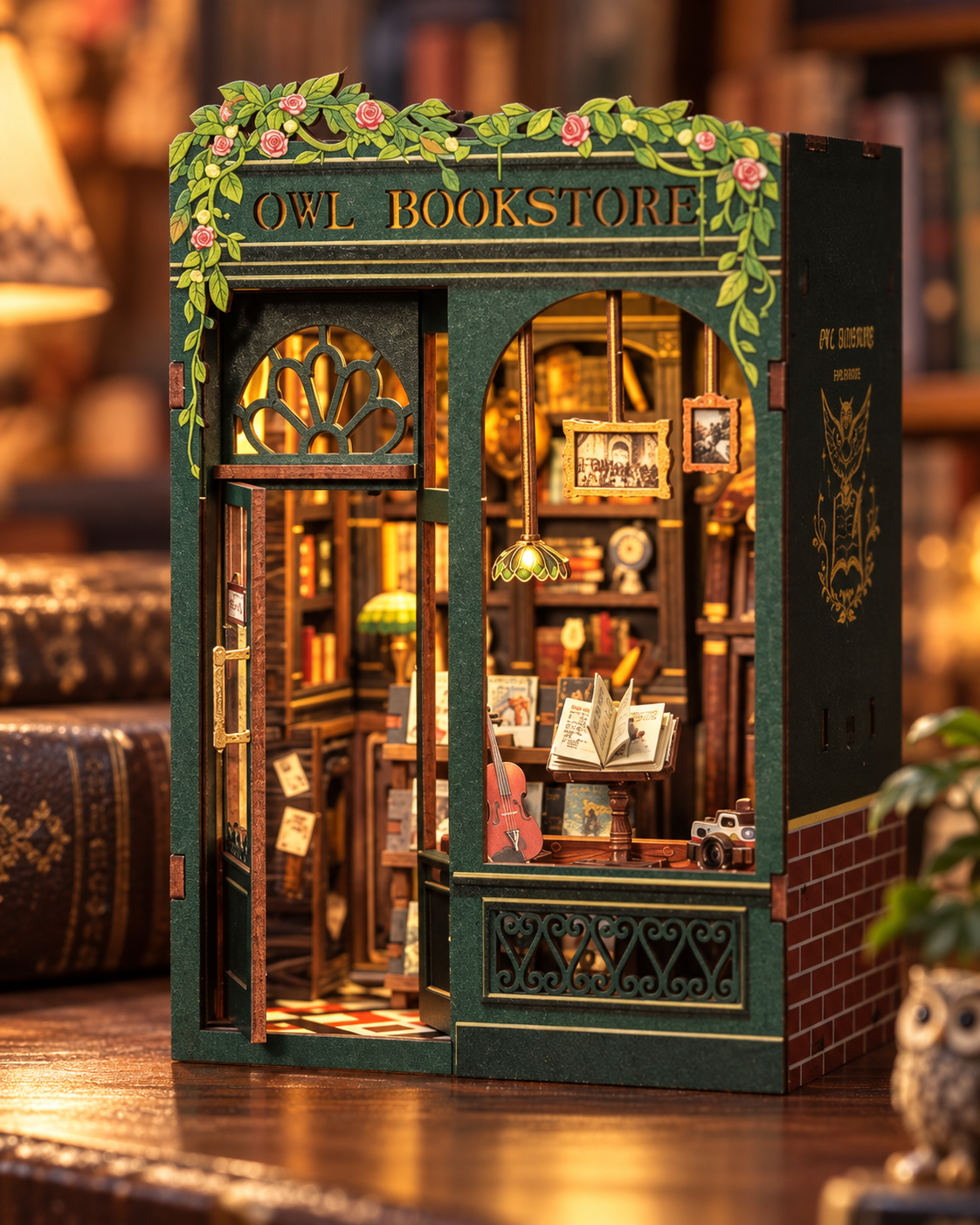 Owl Bookstore miniature book nook close-up in a cosy reading setting