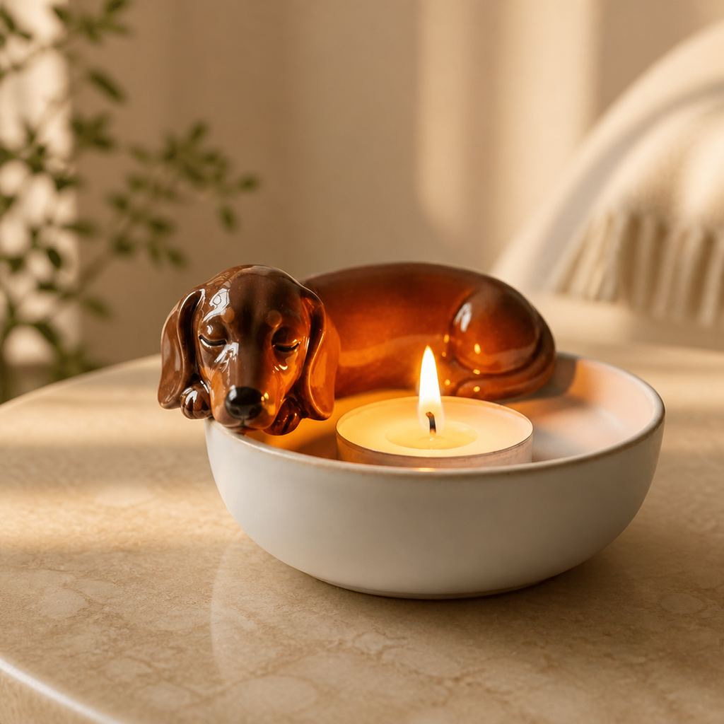 Brown dachshund tea light holder in a warm interior