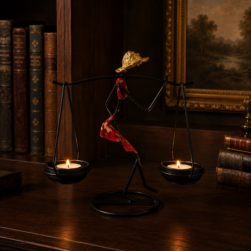 Sculptural Figure Candle Holder with lit tealights in a dark library setting
