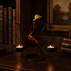 Sculptural Figure Candle Holder with lit tealights in a dark library setting