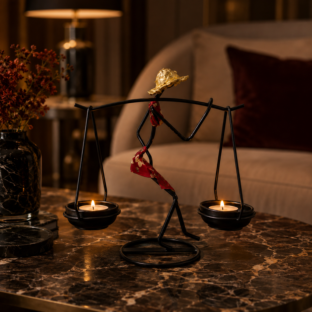 Sculptural Figure Candle Holder with lit tealights on a marble table