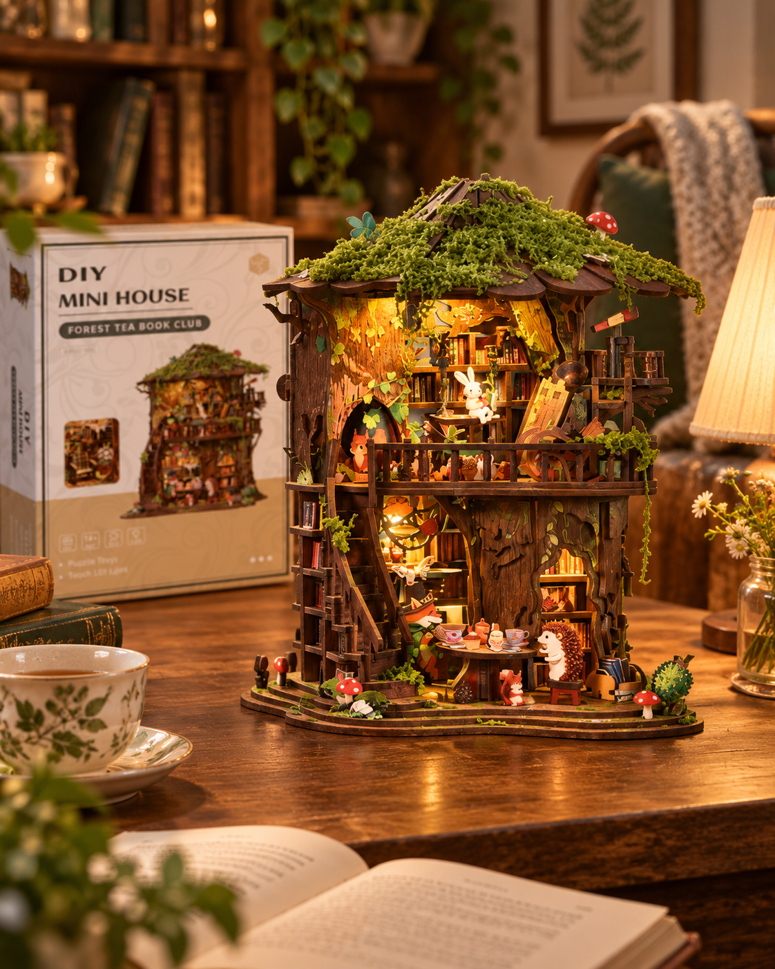 Senyu Tea House building process with hands placing miniature details