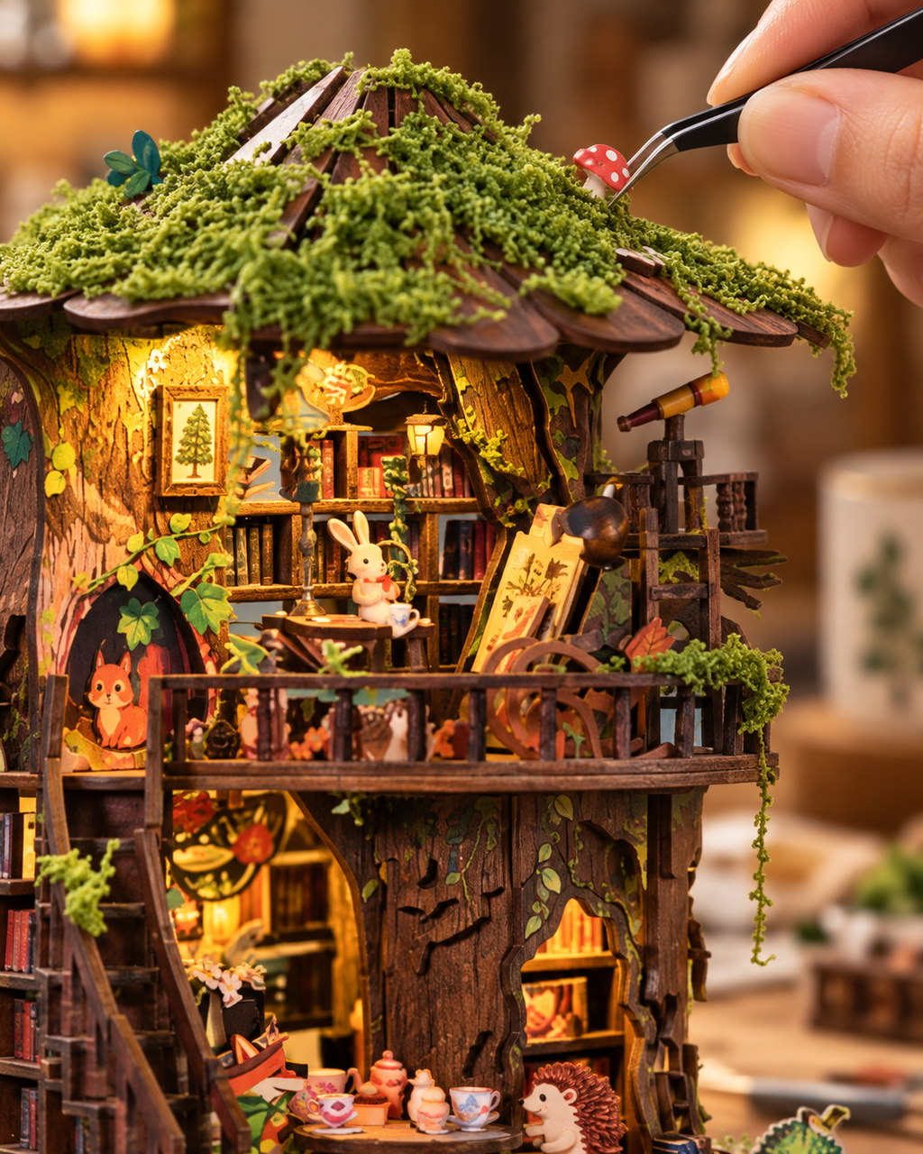 Close-up of Senyu Tea House roof and miniature woodland details during assembly