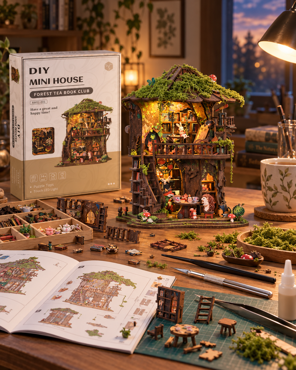Senyu Tea House illuminated miniature displayed in a cosy evening interior