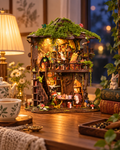 Senyu Tea House finished miniature model glowing in a warm home setting