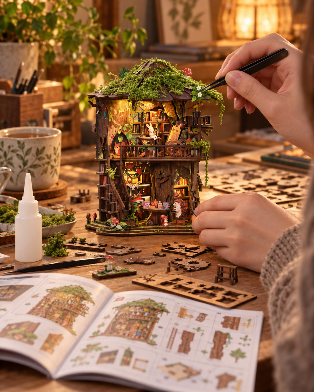 Senyu Tea House DIY kit on a warm craft workspace with instructions and parts