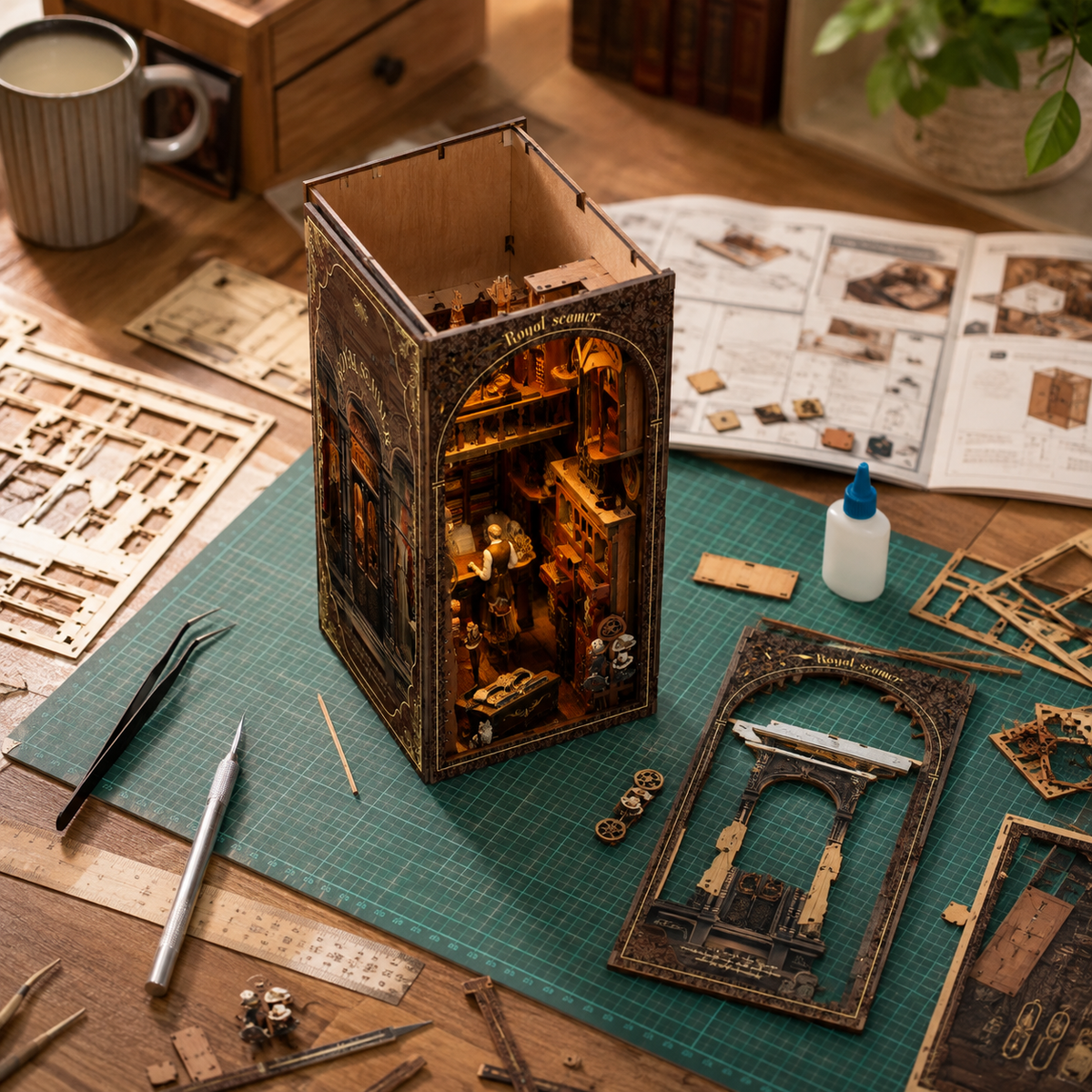 Close-up assembly of the DIY Vintage Tailor Shop Book Nook with tweezers