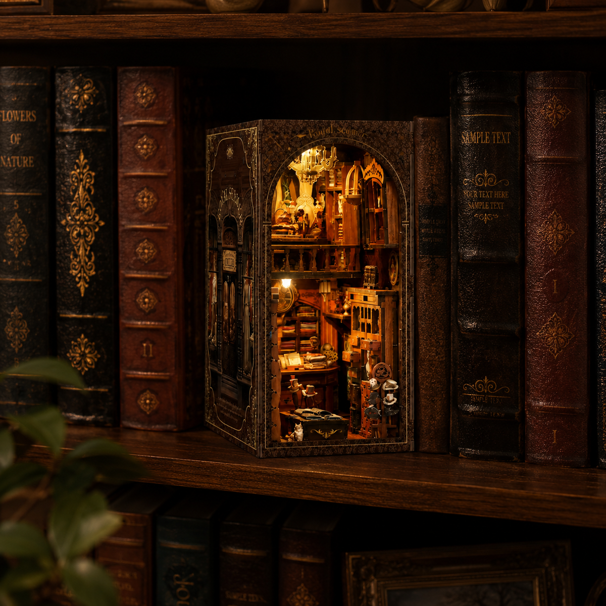 DIY Vintage Tailor Shop Book Nook glowing between vintage leather books