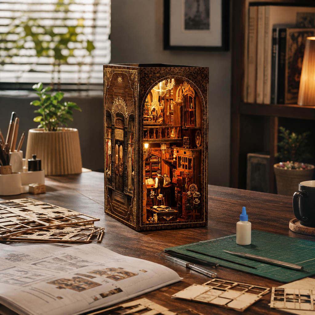 Hands assembling the DIY Vintage Tailor Shop Book Nook with wooden pieces and tools