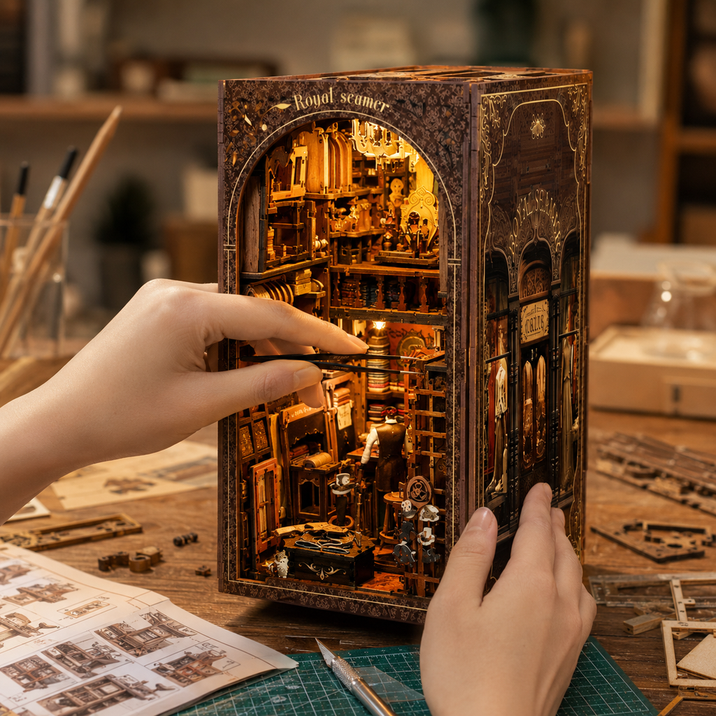 DIY Vintage Tailor Shop Book Nook craft process with tools, wooden sheets and instructions