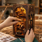 DIY Vintage Tailor Shop Book Nook craft process with tools, wooden sheets and instructions