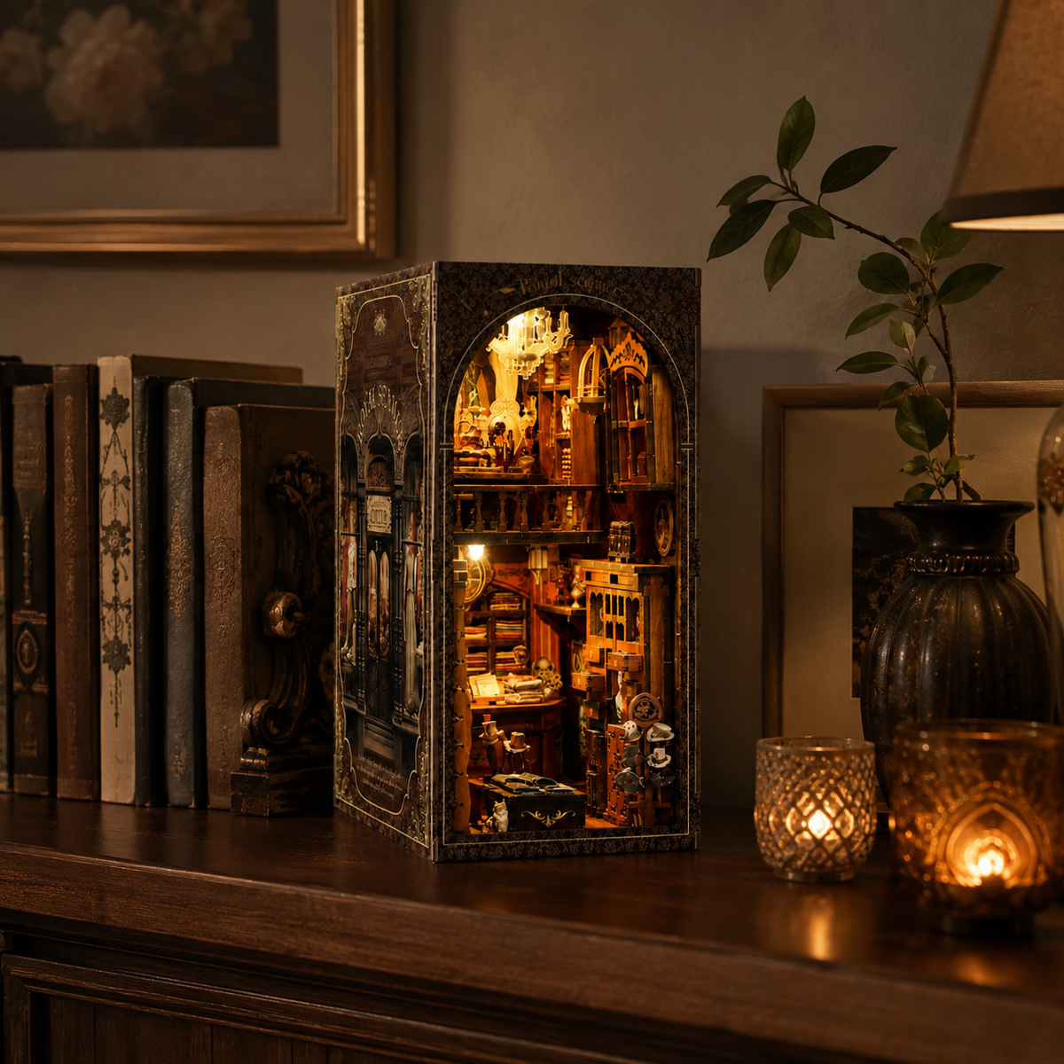 DIY Vintage Tailor Shop Book Nook in a warm evening interior