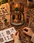 Wisdom Grain DIY book nook with loose wooden parts and instructions during assembly