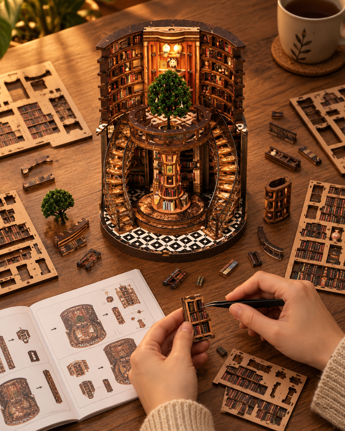 Wisdom Grain DIY book nook with loose wooden parts and instructions during assembly