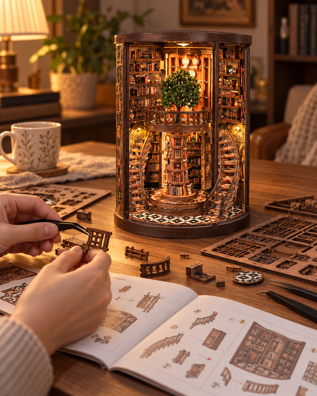 Wisdom Grain DIY wooden book nook with hands, tweezers and wooden parts during construction