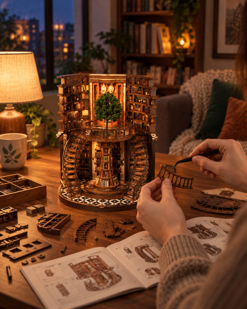 Wisdom Grain miniature library being built in a warm evening home setting