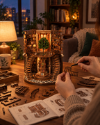 Wisdom Grain miniature library being built in a warm evening home setting